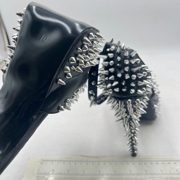 FSJ Black Spiked High Heel with Studded Ankle Strap Peep Toe Platform Sandals - Picture 6 of 8